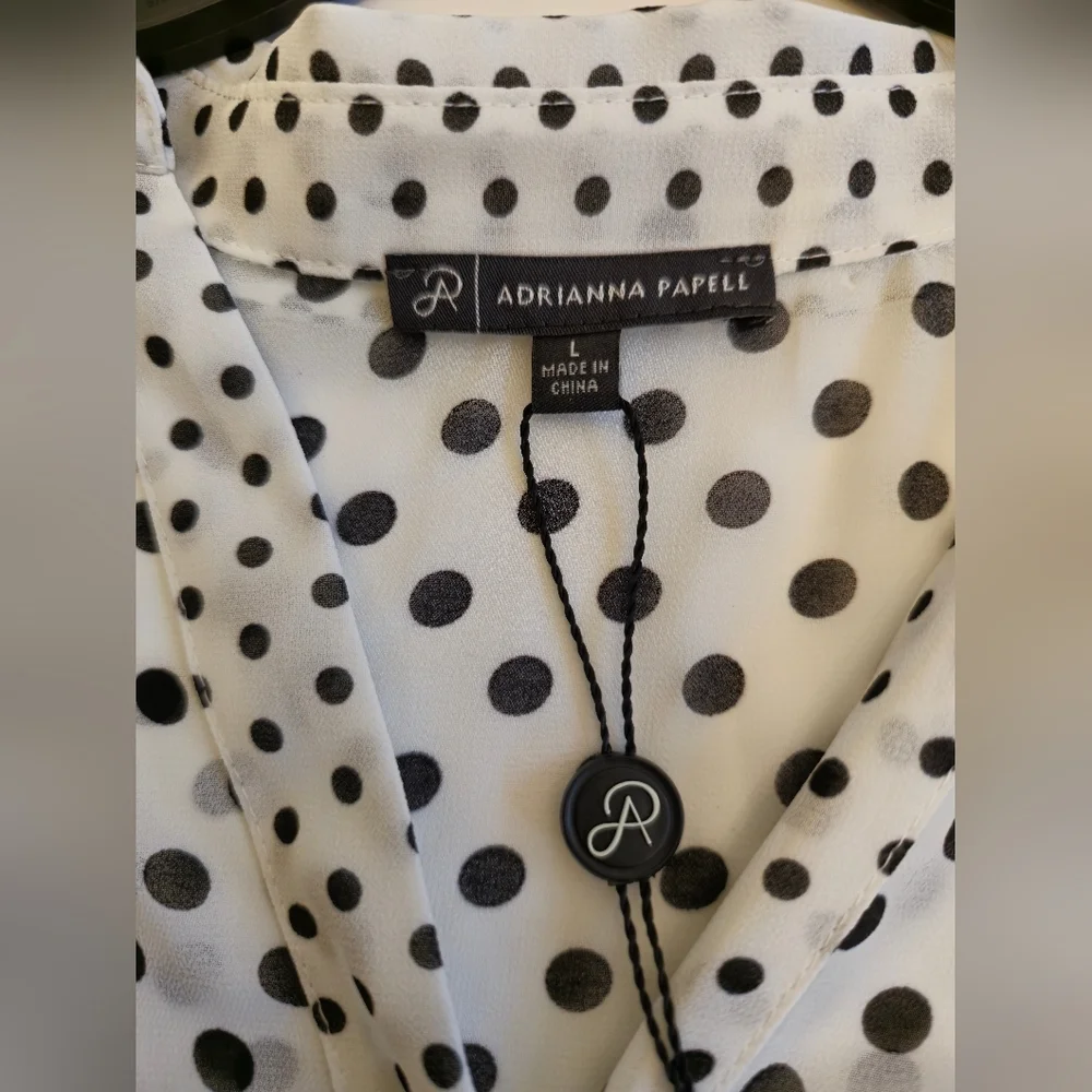 NWT Adrianna Papell Sheer Polka Dot Chiffon V Blouse Black White Size Large - Picture 13 of 17